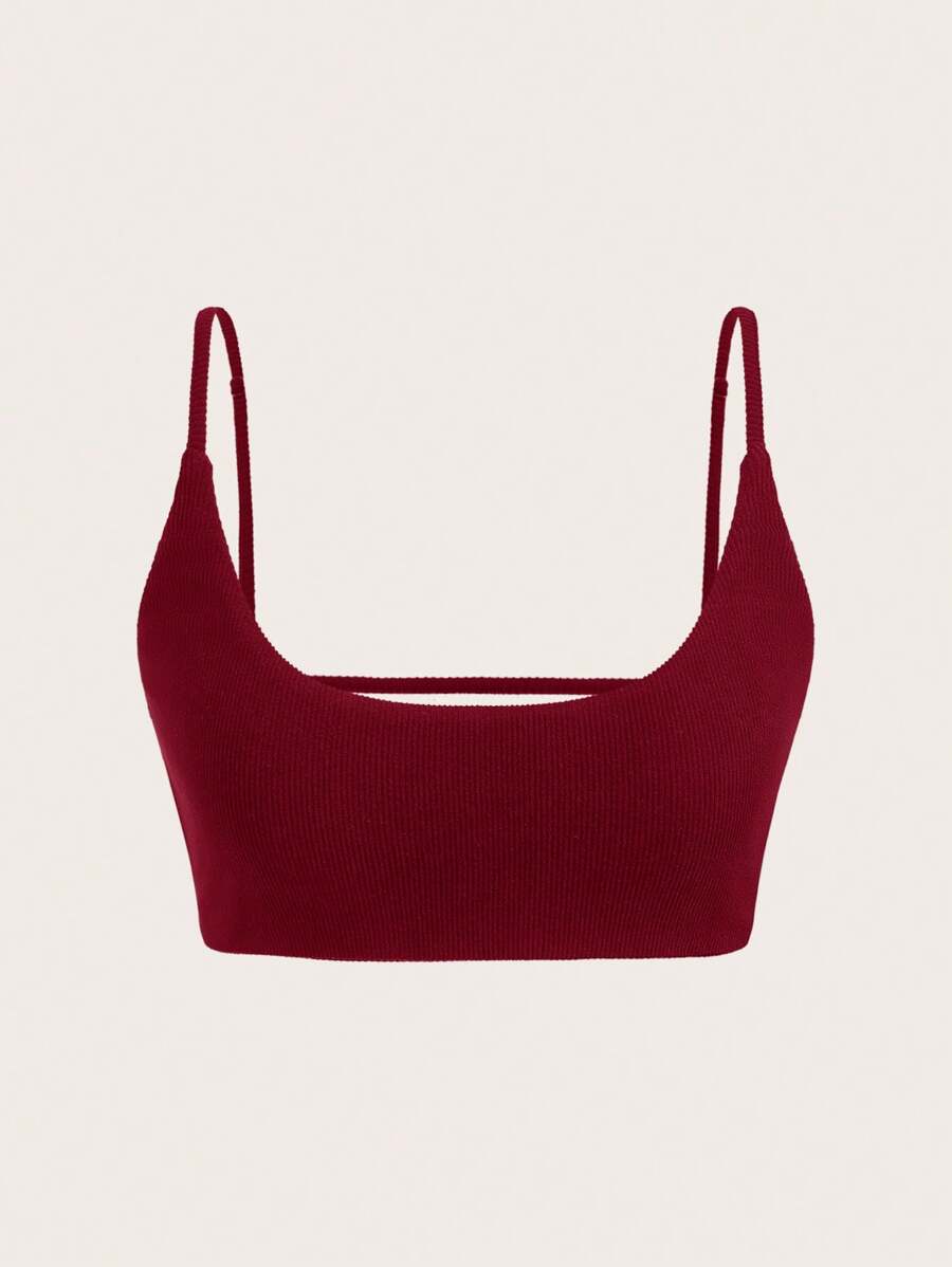 SHEIN EZwear 休闲纯色针织短款修身女式酒红色吊带背心 - 紅色 - 查看 1
