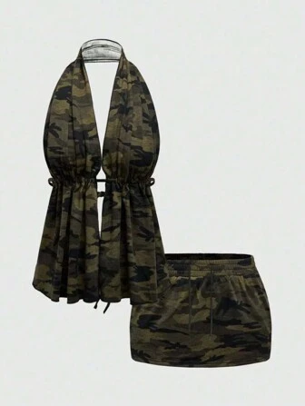 Grunge Punk Set de 2 piezas: Top sin espalda tipo halter de camuflaje y minifalda de talle bajo para mujeres
