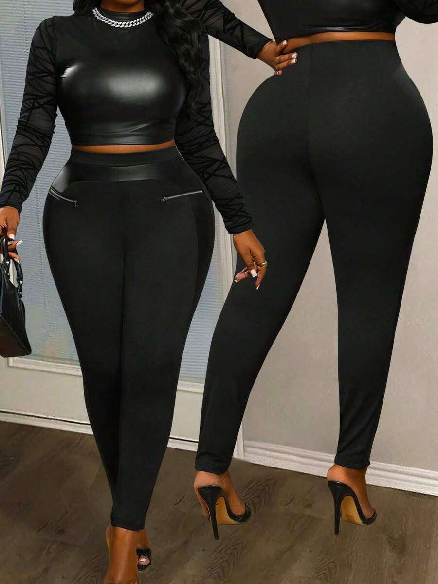 Slaydiva Plus Size Women Casual Sexy PU Splice Solid Black Leggings With Zipper Decor