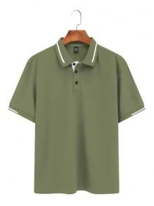 Manfinity Homme Áo thun nam tay ngắn cài nút phía trước màu trơn thường ngày - màu xanh lá - Xem 3