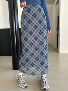 DAZY 女士格子简约长裙，休闲日常穿着 - 藍色 - 查看 4