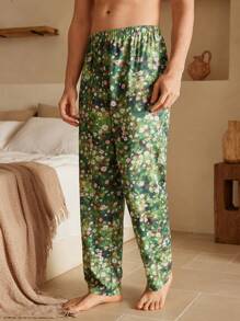 Manfinity ChillVibe Pantalones de estar por casa casuales con cintura elástica y estampado de toda la prenda para hombres