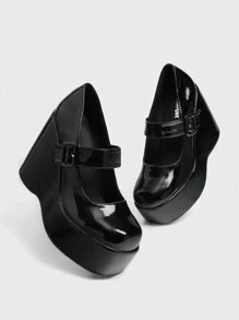 Sugerpunk 女士户外圆头厚底时尚简约黑白系带设计休闲乐福鞋