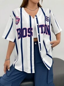 Coolane Women's Sport Letter Graphic Striped Drop Shoulder Baseball Jersey Shirt