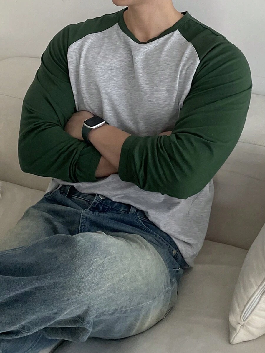 DAZY 男士拼色插肩袖 T 恤,简约时尚休闲日常穿着,秋季长袖男士衬衫 - 彩色 - 查看 1