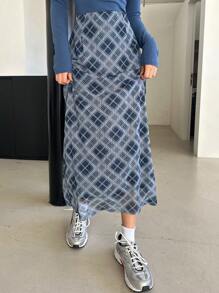 DAZY 女士格子简约长裙，休闲日常穿着 - 藍色 - 查看 3