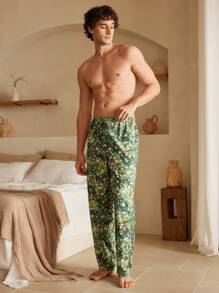Manfinity ChillVibe Pantalones de estar por casa casuales con cintura elástica y estampado de toda la prenda para hombres