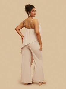 Travachic Plus Size Casual Vacation Solid Color Camisole With Asymmetric Hem Top And Wide Leg Pants Set - Apricot - View 2