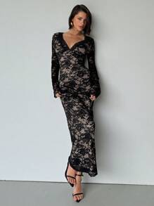 Aloruh 女式超长蕾丝袖紧身连衣裙，休闲时尚，适合日常穿着 女士春装 舞会礼服 复活节沙滩装 夏季礼服 套装 可爱休闲婚礼毕业礼服 节日礼服 狂欢节礼服 节日婚礼宾客礼服 女士礼服 商务休闲生日礼服 俱乐部礼服 女士性感沙滩装 波西米亚风格舞会礼服 新娘派对礼服 性感节日礼服 伴娘礼服 教师海滩度假优雅礼服 老钱茶会礼服 黑色超长礼服 V 领蕾丝 - 黑色 - 查看 7