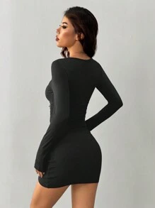 INAWLY 女士优雅性感波浪领褶饰长袖迷你连衣裙，秋冬 - 黑色 - 查看 2