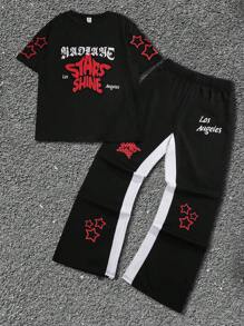 Zestaw dla chłopców Tween, swobodny kontrastowy kolor, wzór litery, okrągły dekolt, krótki rękaw, koszulka i długie spodnie, odpowiedni do dojazdów do pracy, szkoły, codziennego wypoczynku, sportu, wiosny i lata