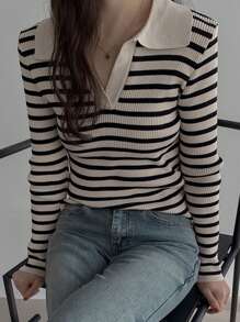 Blusa de manga larga a rayas de uso casual para mujer, para uso diario - Negro - Ver 4