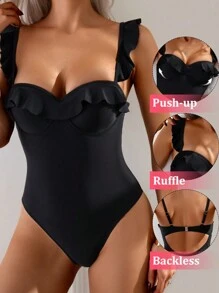 女士荷叶边装饰钢圈连体泳衣，带可调节肩带，黑色 - 黑色 - 查看 1