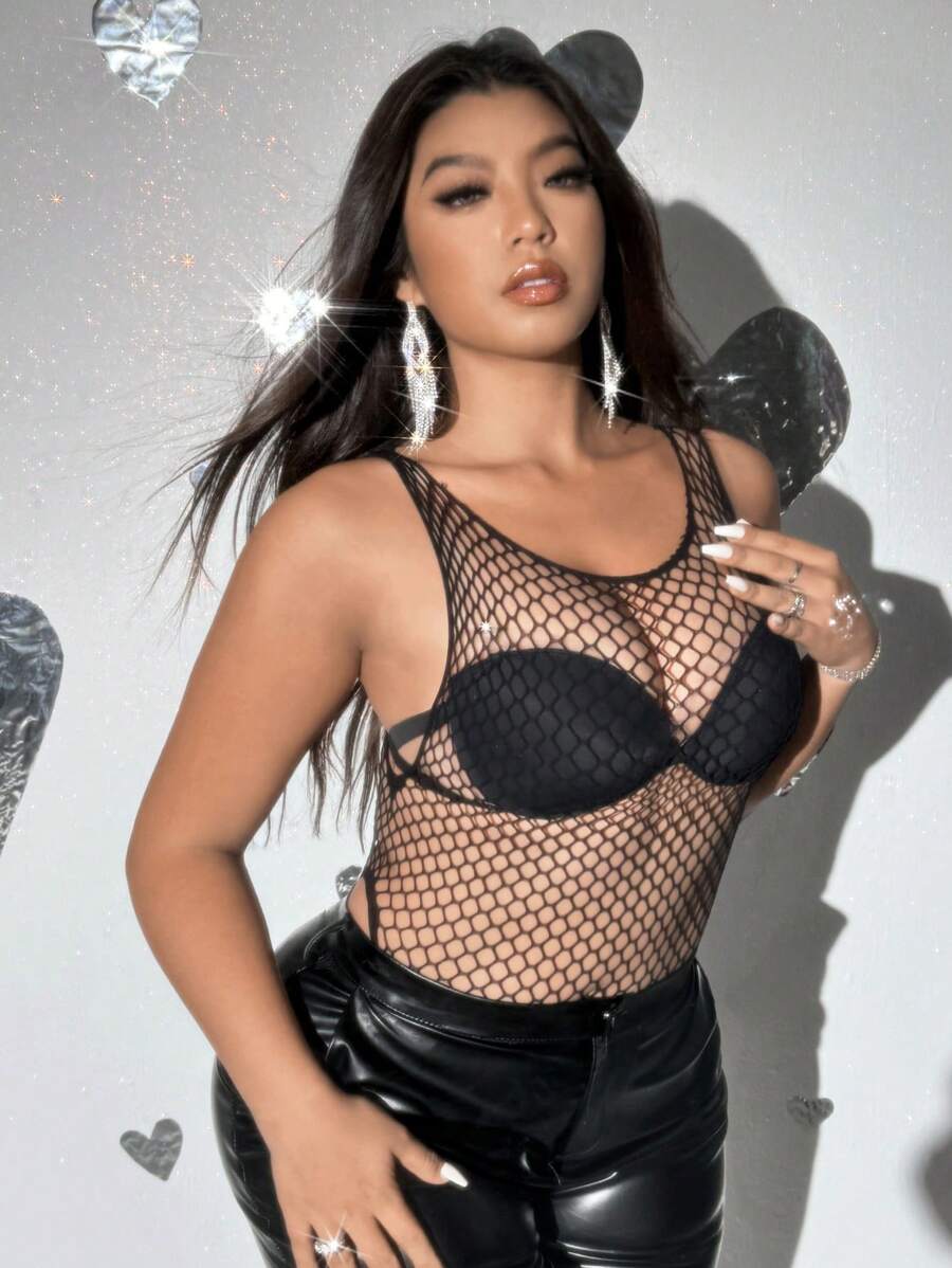 Viva Relle European & American Style Hollow Out See-Through Bodysuit, Sexy Elastic Mesh Lingerie - Black - View 1