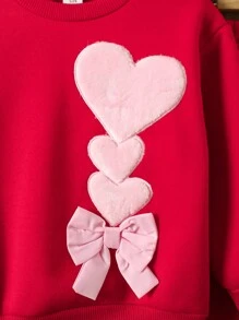 SHEIN 2 件女童休闲可爱毛绒刺绣爱心与蝴蝶结装饰圆领长袖柔软羊毛运动衫和拼接色块裤套装，简约时尚设计适合日常和运动穿着，秋冬新品 - 玫瑰紅 - 查看 4