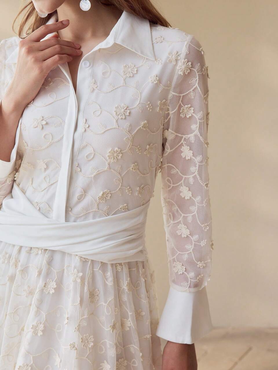 FLORAL EMBROIDERY RUCHED FLARE SLEEVE DRESS,SPRING/SUMMER