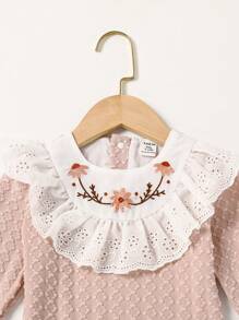 SHEIN Baby Girl Pink Cute Embroidered Lace Trim Long Sleeve Romper Jumpsuit Loungewear