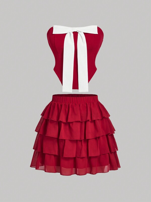 SHEIN MOD Conjunto de 2 piezas de top tipo tank con lazo delantero en rojo vintage y falda midi de múltiples capas, para tallas grandes