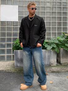 DAZY 男士寬鬆休閒西裝外套，附貼布裝飾，秋季款 - 黑色 - 查看 6