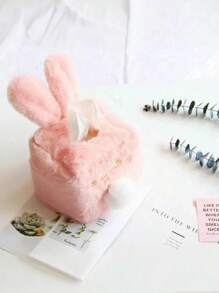 1pc Cute And Soft Pink Rabbit Plush Tissue Box Cover, Decorative Napkin Storage Container For Home, Car, R Work Desk Accessories Office Decor, Living Room, Cartoon Facial Tissue Holder With Ears(Available In Rectangular And Square Sizes) - Multicolor - View 5