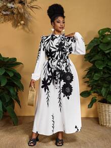 Slaydiva Vestido elegante de talla grande para mujer con estampado floral, cuello con volantes y mangas farol