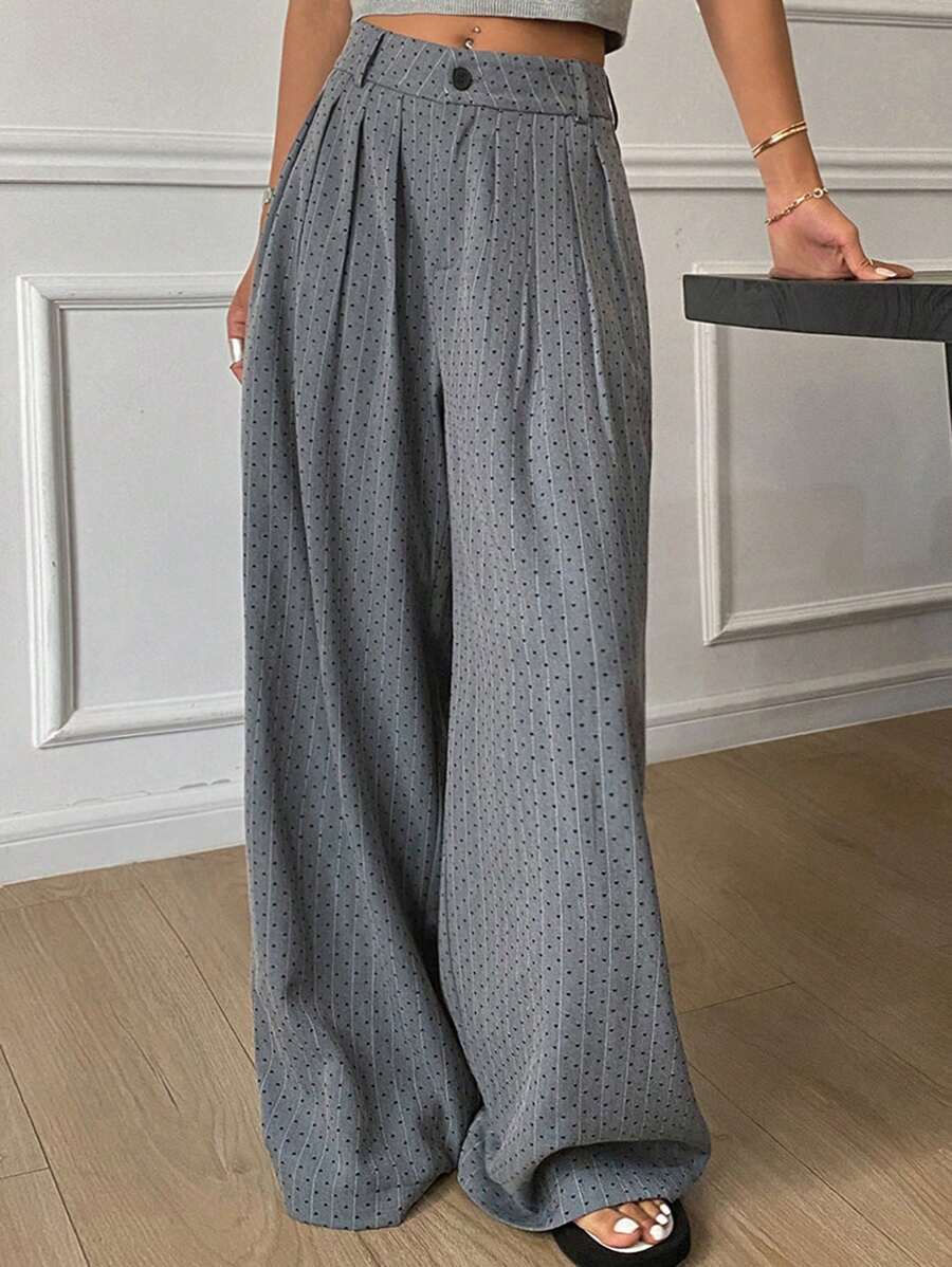 DAZY Polka Dot & Striped Loose Pants With Pockets, Casual Wide Leg Trousers For Women, Summer Business Attire - Grey - View 1