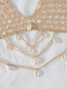 Hand Knitted Women Beach Cover Up Bikini Top Hollow Out Shell Design, For Summer Vacation - Apricot - View 3