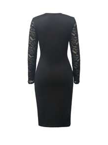 SHEIN Clasi Women's Winter Black Lace Patchwork Long Sleeve Tight Fitting Sexy Elegant Dress - Black - View 2