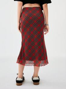 SHEIN Tween Girls Spring Back To School Plaid Burgundy Fitted Mermaid Skirt - Burgundy - View 2