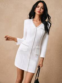 Poéselle Women Elegant Beads Embellished Short Casual Dress, Autumn