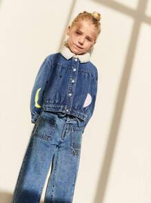 Maija Kids Maija Kids Young Girls Blue Star & Moon Print Plush Collar Patchwork Casual Denim Jackets & Coats, Warm For Autumn & Winter - Blue - View 5