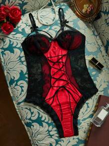 PinupGlam Women Lace-Up Criss-Cross Slimming Velvet 1/2 Cup Bow Patchwork Vintage Sexy Jumpsuit