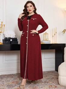 Modelyn Plus Size Ribbed Ruffle Trim Bow Decor Long Sleeve A-Line Casual Dress, Suitable For Spring And Autumn Long Evening Dresses - Burgundy - View 5