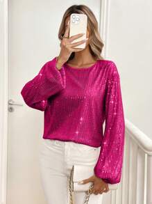 SHEIN Clasi Women's Party Elegant Sequin Lantern Sleeve Crew Neck Long Sleeve Blouse, Autumn & Winter For Holiday Party Clothes