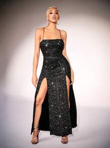 VaVaBold Glamine Modieuze Zilveren Folie Spaghetti Band Split Zoom Bodycon Feestjurk Voor Vrouwen, Geschikt Voor Banketten En Samenkomsten Nieuwjaar Vrouwen Outfit Nieuwjaar Jurk Kerstfeestjurk Vrouwen Glitterjurk Nieuwjaar Sexy Club Vakantie Feest Outfits Vrouwen Maxi Vrouwen Outfit