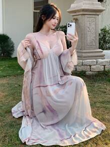 DAZY 2pcs/Set Women Floral Print Sleeveless Dress With Maxi Cover Up' - Purple - View 8