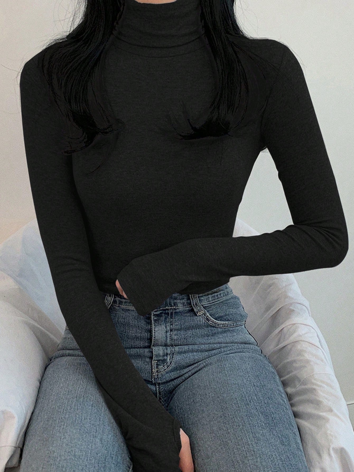 قميص داخلي نسائي بياقة عالية وأكمام طويلة، قصة ضيق...