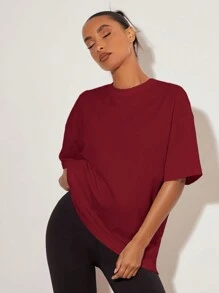 SHEIN BASICS 女士纯色休闲简约时尚 T 恤适合日常穿着 - 酒紅色 - 查看 4