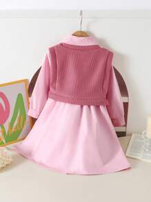 2pcs/Set Young Girl Spring Autumn Back To School Outfit, College Style Minimalist Elegant Design, Solid Color Long Sleeve Shirt Dress + Sleeveless Knit Vest Top, Casual Commuter Suit - Pink - View 2