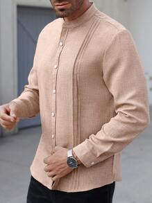 Manfinity Homme Chemise décontractée à manches longues à col simple et plissée de couleur unie pour hommes, automne