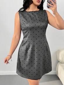 SHEIN EZwear Plus Size Grey Retro Polka Dot Waist Cinched Dress, Spring,Valentine's Day - Grey - View 3