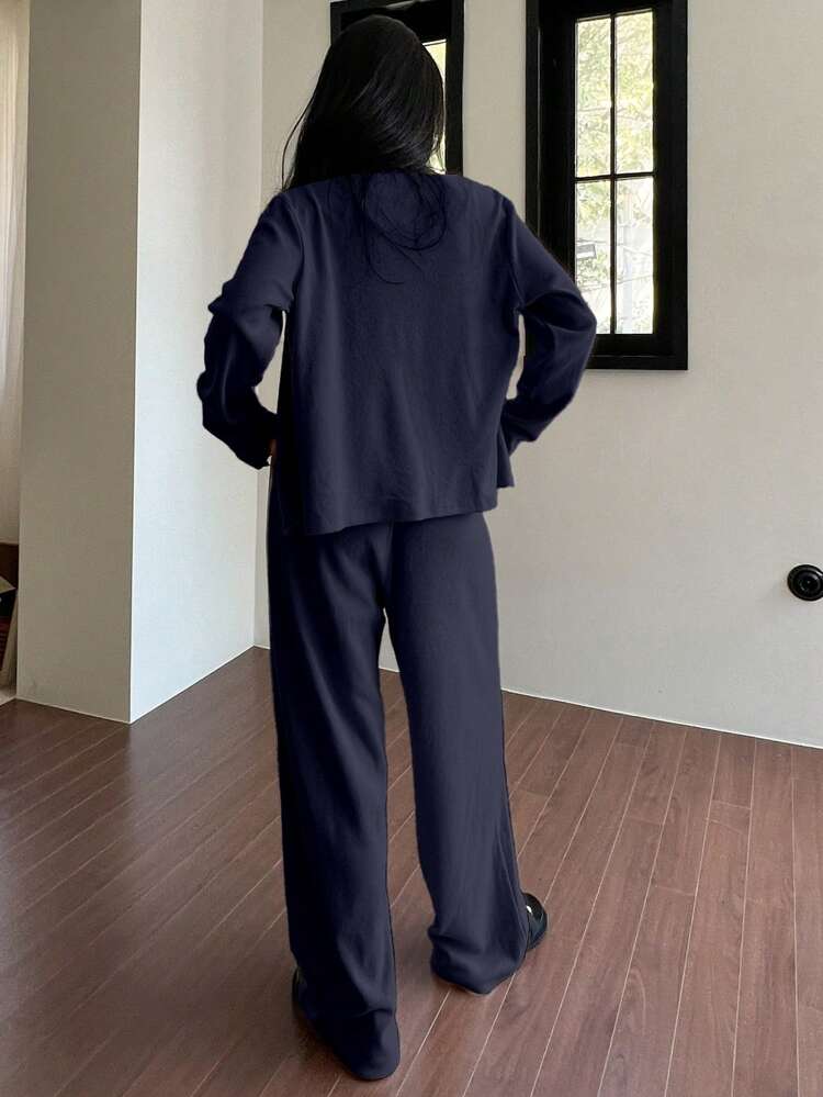 3pcs Minimalist Knitted Tank Top And Robe And Pants Casual Lounge Set, Spring, Fall Winter Clothes Pajama, Cozy Outfit