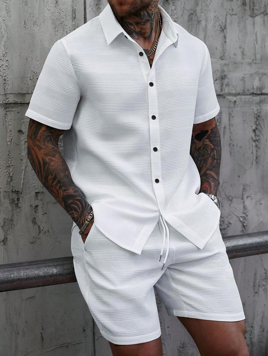 SLATEMANN Ensemble chemise boutonnée et shorts unicolore pour hommes, tenues décontractées de vacances pour mari - Blanc - Voir 1