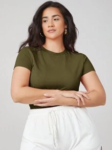 SHEIN BASICS 大码纯色圆领短袖简约 T 恤，日常休闲 - 軍綠色 - 查看 4