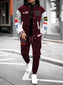 Manfinity Sport PWRUP Men's Letter Print Contrast Color Long Sleeve Baseball Jacket And Pants Tracksuit Set