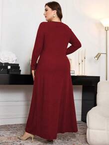 Modelyn Plus Size Ribbed Ruffle Trim Bow Decor Long Sleeve A-Line Casual Dress, Suitable For Spring And Autumn Long Evening Dresses - Burgundy - View 2
