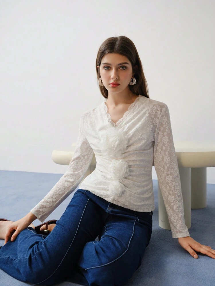 MOTF STUDIO LACE STEREO FLORAL RUCHED T-SHIRT,SPRING/SUMMER