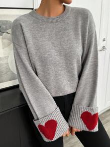 EMERY ROSE Suéter casual de cuello redondo con puños y patrón de corazón para mujer, jersey de punto de Día de San Valentín para otoño e invierno - Gris - Ver 4