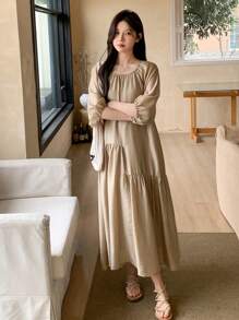 DAZY 女士春夏中长款亚麻衬衫裙 - 卡其色 - 查看 8