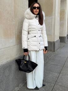 Anewsta Zip Up Fuzzy Trim Hooded Padded Coat - Beige - View 4